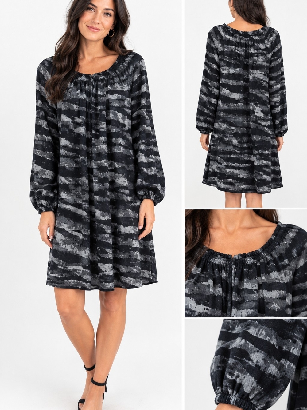 Michael Kors Black and Gray Abstract Stripe Long-Sleeve Swing Dress